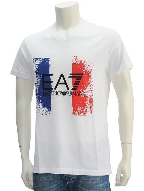 エンポリオ アルマーニ　　スポーツ EA7 エアセッテ ホワイト フランス国旗カラー Vネック ビット画のように現代的プリント　ロゴ半袖Tシャツ カットソー